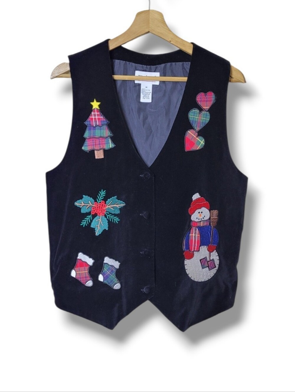 Westbound Black Velvet Holiday Vest with Plaid Appliqué Accents